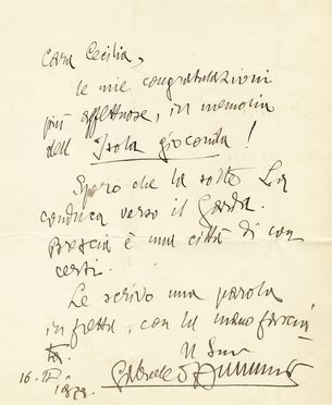  D'Annunzio Gabriele : Signed autograph letter sent to Cecilia nun of Isola gioiosa.  - Auction Graphics & Books - Libreria Antiquaria Gonnelli - Casa d'Aste - Gonnelli Casa d'Aste