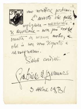  D'Annunzio Gabriele : Signed autograph letter sent to commander Giovanni Rizzo.  - Auction Graphics & Books - Libreria Antiquaria Gonnelli - Casa d'Aste - Gonnelli Casa d'Aste