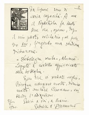  D'Annunzio Gabriele : Signed autograph letter sent to Letizia De Felici.  - Auction Graphics & Books - Libreria Antiquaria Gonnelli - Casa d'Aste - Gonnelli Casa d'Aste