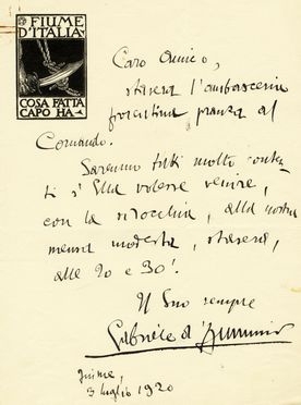  D'Annunzio Gabriele : Signed autograph letter sent to Riccardo Gigante, mayor of Fiume.  - Auction Graphics & Books - Libreria Antiquaria Gonnelli - Casa d'Aste - Gonnelli Casa d'Aste