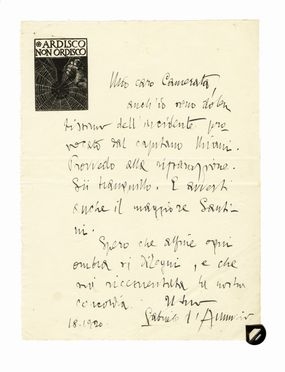  D'Annunzio Gabriele : Signed autograph letter sent to the Commander of the 43rd Bersaglieri Battalion (Mattuglie).  - Auction Graphics & Books - Libreria Antiquaria Gonnelli - Casa d'Aste - Gonnelli Casa d'Aste
