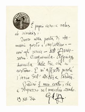  D'Annunzio Gabriele : Lettera autografa siglata inviata a Letizia De Felici.  - Asta Grafica & Libri - Libreria Antiquaria Gonnelli - Casa d'Aste - Gonnelli Casa d'Aste