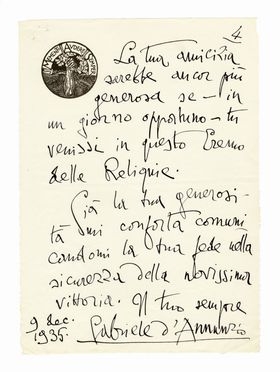  D'Annunzio Gabriele : Signed autograph letter sent to Achille Starace.  - Auction Graphics & Books - Libreria Antiquaria Gonnelli - Casa d'Aste - Gonnelli Casa d'Aste