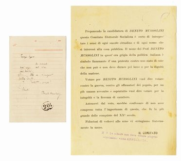 Mussolini Benito : 2 flyers printed on the occasion of the elections of 1913 where the candidacy of Mussolini is proposed.  - Auction Graphics & Books - Libreria Antiquaria Gonnelli - Casa d'Aste - Gonnelli Casa d'Aste