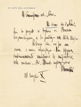  Mussolini Benito : Signed autograph letter sent to the Commissioner of the Raci (Royal Automobile Club of Italy).  - Auction Graphics & Books - Libreria Antiquaria Gonnelli - Casa d'Aste - Gonnelli Casa d'Aste
