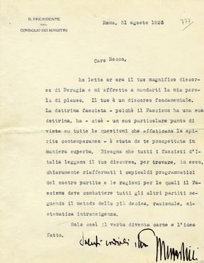  Mussolini Benito : Typewritten letter with annotation and autograph signature sent to Alfredo Rocco.   - Auction Graphics & Books - Libreria Antiquaria Gonnelli - Casa d'Aste - Gonnelli Casa d'Aste