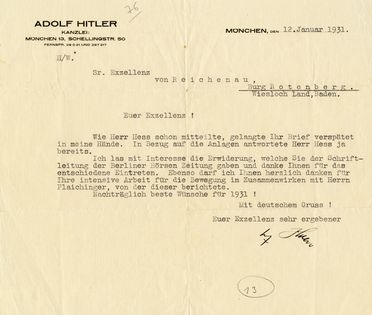  Hitler Adolf : Typed letter with autograph signature sent to Sr. Exzellenz von Reichnau, Burg Rotenberg. Wiesloch Land, Baden'.  - Auction Graphics & Books - Libreria Antiquaria Gonnelli - Casa d'Aste - Gonnelli Casa d'Aste
