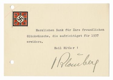 Blomberg Werner von : Typed card with autograph  signature.  - Auction Graphics & Books - Libreria Antiquaria Gonnelli - Casa d'Aste - Gonnelli Casa d'Aste