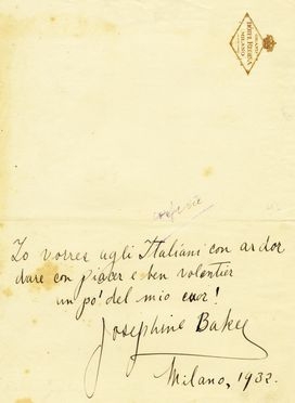  Baker Josephine : Annotazione autografa firmata.  - Asta Grafica & Libri - Libreria Antiquaria Gonnelli - Casa d'Aste - Gonnelli Casa d'Aste