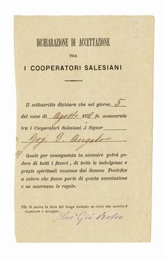  Bosco Giovanni (santo) : Firma autografa su dichiarazione di accettazione.  - Asta Grafica & Libri - Libreria Antiquaria Gonnelli - Casa d'Aste - Gonnelli Casa d'Aste