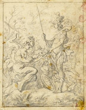 Anonimo del XVII secolo : Figura femminile in armi porge una moneta a due personaggi seduti.  - Auction Graphics & Books - Libreria Antiquaria Gonnelli - Casa d'Aste - Gonnelli Casa d'Aste