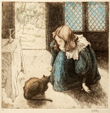  Alfredo Mller  (Livorno, 1869 - Parigi, 1940) : La petite fille au chat.  - Auction Graphics & Books - Libreria Antiquaria Gonnelli - Casa d'Aste - Gonnelli Casa d'Aste