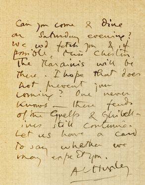  Huxley Aldous : Breve lettera autografa firmata.  - Asta Grafica & Libri - Libreria Antiquaria Gonnelli - Casa d'Aste - Gonnelli Casa d'Aste
