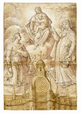 La Madonna col Bambino e due sante patrone in cielo sopra una basilica.  - Auction Graphics & Books - Libreria Antiquaria Gonnelli - Casa d'Aste - Gonnelli Casa d'Aste