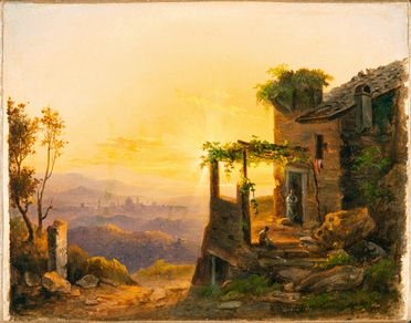  Lorenzo Gelati  (Firenze, 1824 - 1895) : Casolare al tramonto.  - Asta Grafica & Libri - Libreria Antiquaria Gonnelli - Casa d'Aste - Gonnelli Casa d'Aste