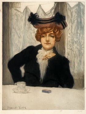  Manuel Robbe  (Parigi, 1872 - 1936) : Femme au caf fumant une cigarette.  - Auction Graphics & Books - Libreria Antiquaria Gonnelli - Casa d'Aste - Gonnelli Casa d'Aste