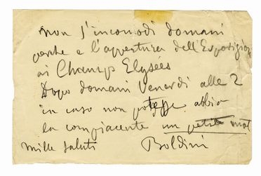  Boldini Giovanni : Biglietto autografo firmato.  - Asta Grafica & Libri - Libreria Antiquaria Gonnelli - Casa d'Aste - Gonnelli Casa d'Aste