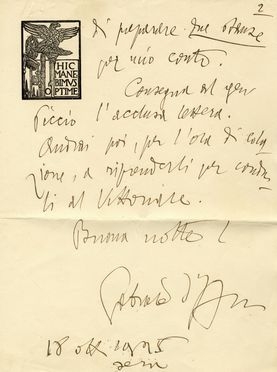  D'Annunzio Gabriele : Lettera autografa inviata a Franco Pollastri.  - Asta Grafica & Libri - Libreria Antiquaria Gonnelli - Casa d'Aste - Gonnelli Casa d'Aste