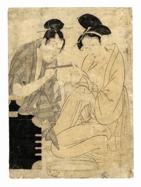  Kitagawa Utamaro  (Edo, 1753 - 1806) : Barbiere ambulante rasa la testa di un neonato.  - Auction Graphics & Books - Libreria Antiquaria Gonnelli - Casa d'Aste - Gonnelli Casa d'Aste