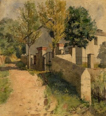  Cesare Laurenti  (Mesola, 1854 - Venezia, 1936) [attribuito a] : Sentiero con alberi e case.  - Auction Graphics & Books - Libreria Antiquaria Gonnelli - Casa d'Aste - Gonnelli Casa d'Aste