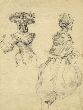  François Louis Joseph Watteau detto Watteau de Lille  (Lille, 1758 - 1823) [attribuito a] : Studio per due figure di donna  con abiti e acconciature alla moda.  - Auction Graphics & Books - Libreria Antiquaria Gonnelli - Casa d'Aste - Gonnelli Casa d'Aste