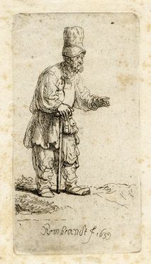  Rembrandt Harmenszoon van Rijn  (Leida, 1606 - Amsterdam, 1669) : Contadino con berretto alto poggiato a un bastone.  - Asta Grafica & Libri - Libreria Antiquaria Gonnelli - Casa d'Aste - Gonnelli Casa d'Aste