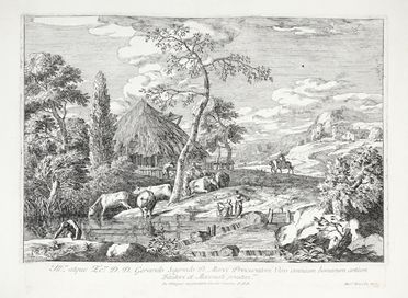  Marco Ricci  (Belluno, 1676 - Venezia, 1730) : Paesaggio con armenti al fiume, lavandaia e capanna.  - Auction Graphics & Books - Libreria Antiquaria Gonnelli - Casa d'Aste - Gonnelli Casa d'Aste