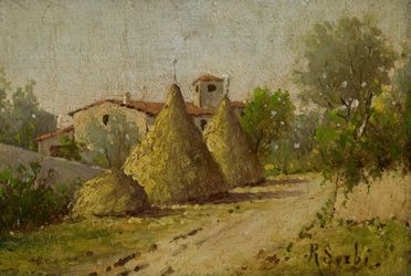  Raffaello Sorbi  (Firenze, 1844 - Firenze, 1941) : Paesaggio con pagliai.  - Auction Graphics & Books - Libreria Antiquaria Gonnelli - Casa d'Aste - Gonnelli Casa d'Aste