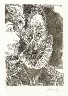  Pablo Picasso  (Malaga, 1881 - Mougins, 1973) : Portrait of a 17th Century Man with Ruffled Collar and Two Faces.  - Auction Graphics & Books - Libreria Antiquaria Gonnelli - Casa d'Aste - Gonnelli Casa d'Aste