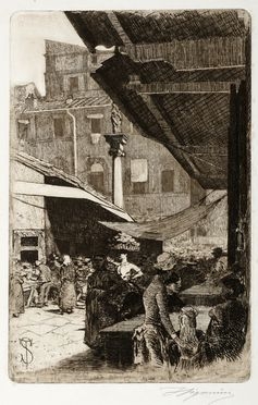  Telemaco Signorini  (Firenze, 1835 - 1901) : Mercato vecchio: la colonna della Dovizia.  - Auction Graphics & Books - Libreria Antiquaria Gonnelli - Casa d'Aste - Gonnelli Casa d'Aste