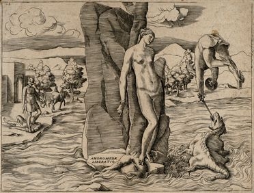  Giulio Bonasone  (Bologna,  - 1576) [attribuito a] : La liberazione di Andromeda.  - Asta Grafica & Libri - Libreria Antiquaria Gonnelli - Casa d'Aste - Gonnelli Casa d'Aste