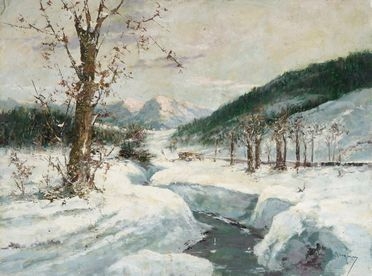  Augusto Majani  (Budrio, 1867 - Buttrio (Udine), 1959) [attribuito a] : Paesaggio con neve.  - Auction Graphics & Books - Libreria Antiquaria Gonnelli - Casa d'Aste - Gonnelli Casa d'Aste
