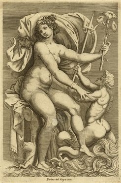  Giorgio Ghisi  (Mantova, 1520 - 1582) [cerchia di] : Teti seduta e un tritone.  - Auction Graphics & Books - Libreria Antiquaria Gonnelli - Casa d'Aste - Gonnelli Casa d'Aste