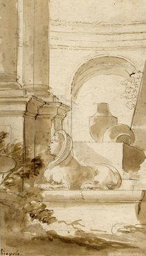  Giandomenico Tiepolo  (Venezia, 1726 - 1804) [cerchia di] : Scorcio di architettura fantastica con sfinge.  - Asta Grafica & Libri - Libreria Antiquaria Gonnelli - Casa d'Aste - Gonnelli Casa d'Aste