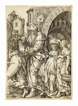  Heinrich Aldegrever  (Paderborn, 1502 - Soest, 1560) : Lot e la sua famiglia abbandonano Sodoma guidati dall'angelo.  - Asta Stampe, disegni e dipinti antichi, moderni e contemporanei - Libreria Antiquaria Gonnelli - Casa d'Aste - Gonnelli Casa d'Aste