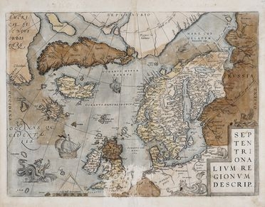  Abraham Ortelius  (Anversa, 1527 - 1598) : Septentrionalium Regionum Descrip. / Mappa dell'Atlantico del Nord.  - Asta Stampe, disegni e dipinti antichi, moderni e contemporanei - Libreria Antiquaria Gonnelli - Casa d'Aste - Gonnelli Casa d'Aste