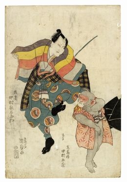  Utagawa Kunisada I (Toyokuni III)  (Edo, 1786 - 1865) : Gli attori Nakamura Utaemon III nel ruolo di ammaestratore di scimmie (Saru hiki) e Nakamura Shiz? I nel ruolo della Scimmia (Saru).  - Asta Stampe, disegni e dipinti antichi, moderni e contemporanei - Libreria Antiquaria Gonnelli - Casa d'Aste - Gonnelli Casa d'Aste