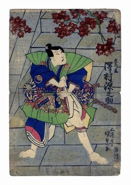 Utagawa Kunisada I (Toyokuni III)  (Edo, 1786 - 1865) : L'attore Suketakaya Takasuke III (noto come Sawamura Gennosuke II dal 1817 al 1831) nel ruolo di Saemon Wataru.  - Asta Stampe, disegni e dipinti antichi, moderni e contemporanei - Libreria Antiquaria Gonnelli - Casa d'Aste - Gonnelli Casa d'Aste