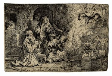  Rembrandt Harmenszoon van Rijn  (Leida, 1606 - Amsterdam, 1669) : L'angelo lascia la famiglia di Tobia.  - Asta Stampe, disegni e dipinti antichi, moderni e contemporanei - Libreria Antiquaria Gonnelli - Casa d'Aste - Gonnelli Casa d'Aste