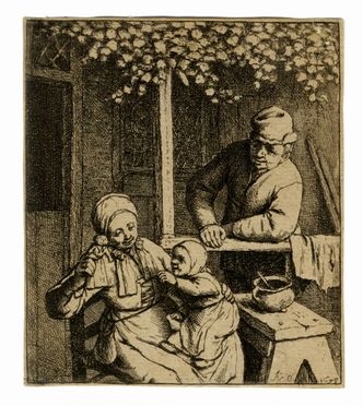  Adriaen (van) Ostade  (Haarlem, 1610 - ivi, 1685) : La bambola desiderata.  - Asta Stampe, disegni e dipinti antichi, moderni e contemporanei - Libreria Antiquaria Gonnelli - Casa d'Aste - Gonnelli Casa d'Aste