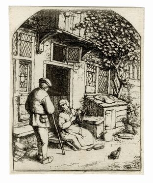  Adriaen (van) Ostade  (Haarlem, 1610 - ivi, 1685) : La filatrice.  - Asta Stampe, disegni e dipinti antichi, moderni e contemporanei - Libreria Antiquaria Gonnelli - Casa d'Aste - Gonnelli Casa d'Aste
