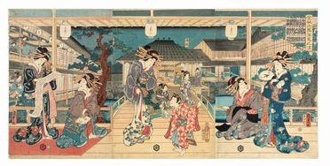  Utagawa Kunisada II  (?, 1823 - Edo,, 1880) : Bijin e bambini sotto un portico con lanterne.  - Asta Stampe, disegni e dipinti antichi, moderni e contemporanei - Libreria Antiquaria Gonnelli - Casa d'Aste - Gonnelli Casa d'Aste