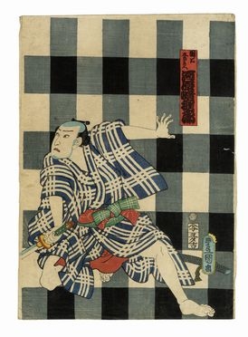  Utagawa Kunisada I (Toyokuni III)  (Edo, 1786 - 1865) : L'attore Ichikawa Danjûrô IX (Kawarasaki Gonjûrô I) nel ruolo di Danshichi Kurobei.  - Asta Stampe, disegni e dipinti antichi, moderni e contemporanei - Libreria Antiquaria Gonnelli - Casa d'Aste - Gonnelli Casa d'Aste
