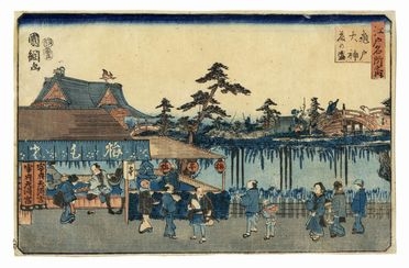  Utagawa Kuniteru II (Kunitsuna II)  (1829 - 1874) : Kameido tenjin hana no sakari (Il santuario di Kameido in piena fioritura).  - Asta Stampe, disegni e dipinti antichi, moderni e contemporanei - Libreria Antiquaria Gonnelli - Casa d'Aste - Gonnelli Casa d'Aste