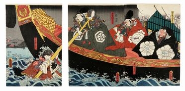  Utagawa Kunisada I (Toyokuni III)  (Edo, 1786 - 1865) : Uomini su una barca e giovane donna appesa a un remo.  - Asta Stampe, disegni e dipinti antichi, moderni e contemporanei - Libreria Antiquaria Gonnelli - Casa d'Aste - Gonnelli Casa d'Aste