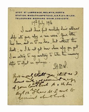  Shaw George : Breve lettera autografa siglata inviata all'attore e regista inglese  [..]