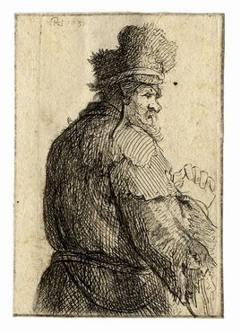  Rembrandt Harmenszoon van Rijn  (Leida,, 1606 - Amsterdam,, 1669) : Vecchio a mezza figura visto di schiena, di profilo verso destra.  - Asta Arte antica, moderna e contemporanea - Libreria Antiquaria Gonnelli - Casa d'Aste - Gonnelli Casa d'Aste