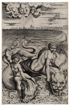  Marco Dente  (Ravenna (?),,  - Roma,, 1527) : Venere e Cupido sul dorso di due  [..]