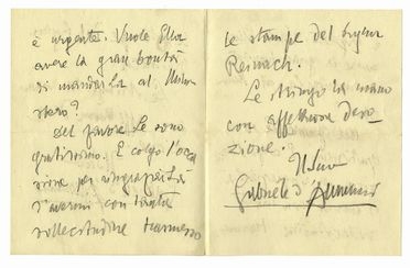  D'Annunzio Gabriele : Lettera autografa firmata.  - Asta Libri, autografi e manoscritti - Libreria Antiquaria Gonnelli - Casa d'Aste - Gonnelli Casa d'Aste