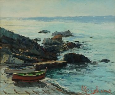  Giuseppe Arigliano  (Genova, 1917 - 1999) : Piccolo scalo per barche.  - Asta Arte  [..]